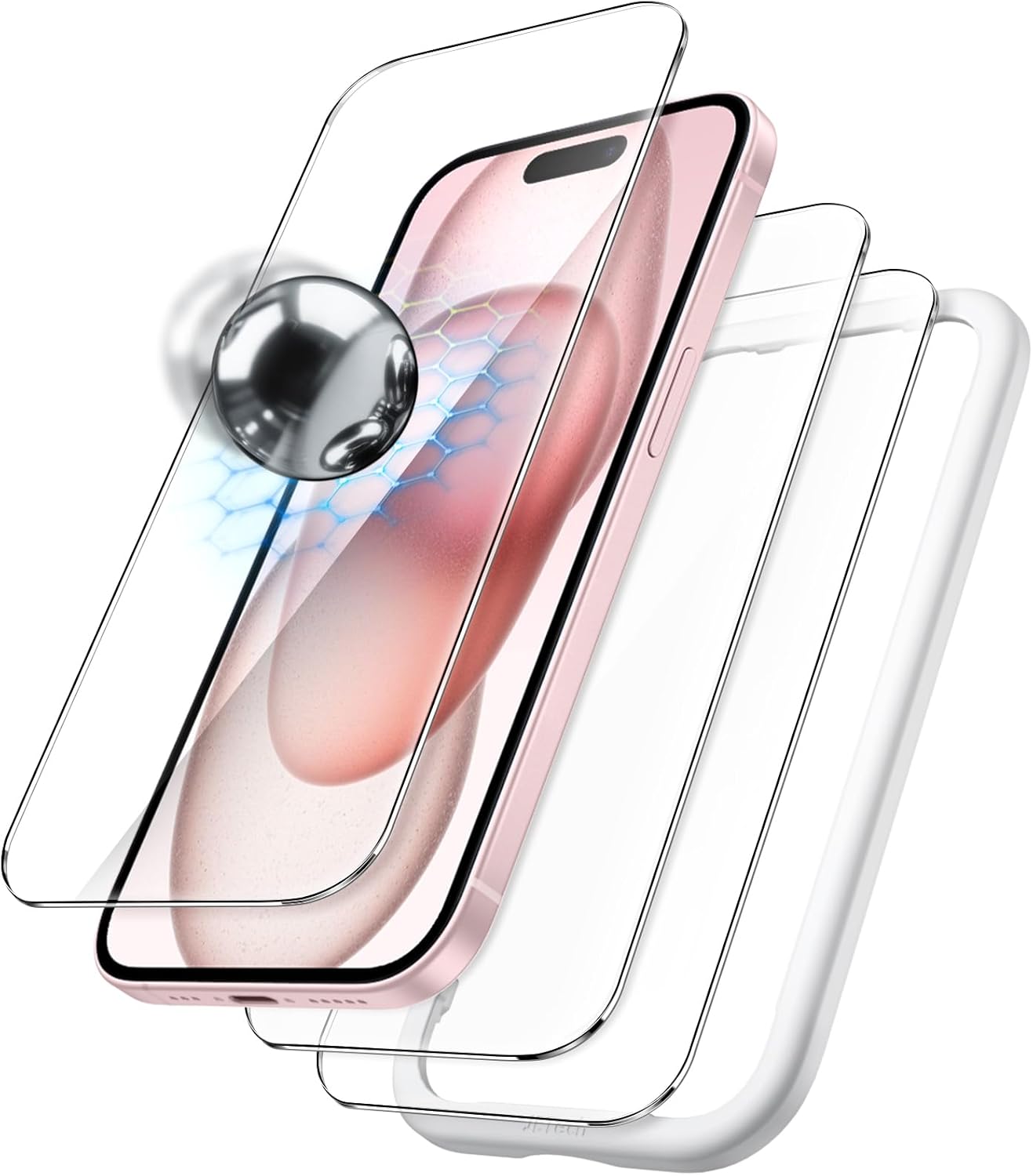 JasTech Shatterproof Screen Protector for iPhone 15 6.1-Inch, 9H+ Tempered Glass Military Grade Film with Easy Installation Tool, Case-Friendly, HD Clear, 3-Pack