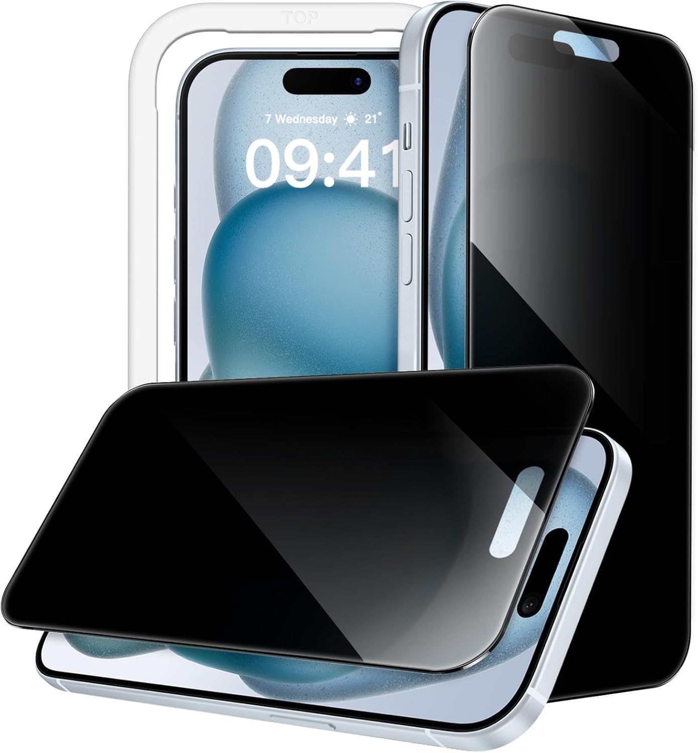 JasTech 360 Degree Privacy Screen Protector for iPhone 15 6.1-Inch, 4-Way Anti-Spy Tempered Glass Film with Easy Installation Tool, 2-Pack