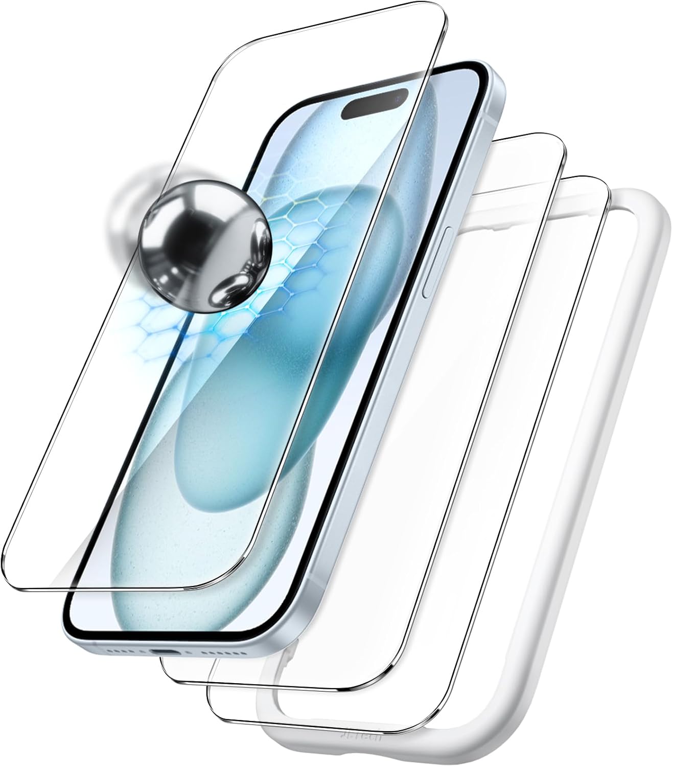 JasTech Shatterproof Screen Protector for iPhone 15 6.1-Inch, 9H+ Tempered Glass Military Grade Film with Easy Installation Tool, Case-Friendly, HD Clear, 3-Pack
