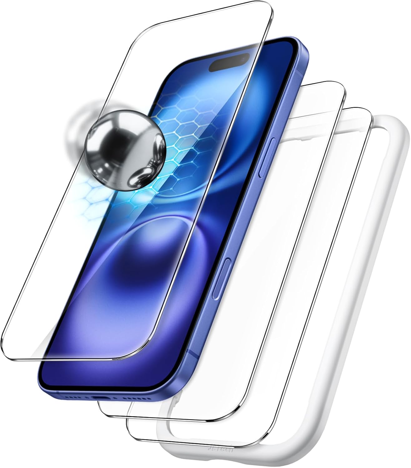 JasTech Shatterproof Screen Protector for iPhone 16 6.1-Inch, 9H+ Tempered Glass Military Grade Film with Easy Installation Tool, Case-Friendly, HD Clear, 3-Pack