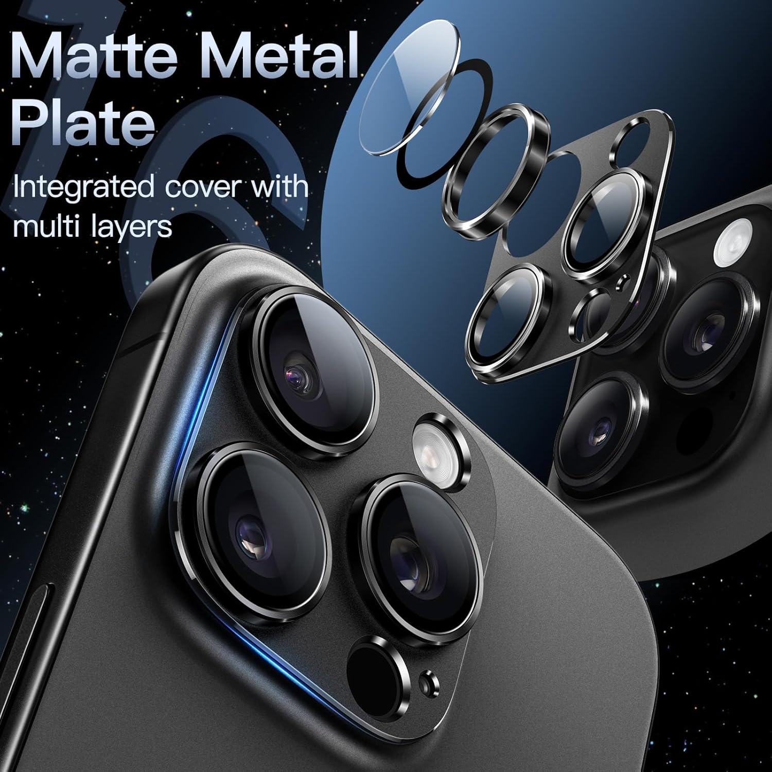 JasTech Camera Lens Protector for iPhone 15 Pro 6.1-Inch and iPhone 15 Pro Max 6.7-Inch, Full Coverage 9H Tempered Glass Ring Cover, Matte Metal Plate, Case Friendly, 1-Pack