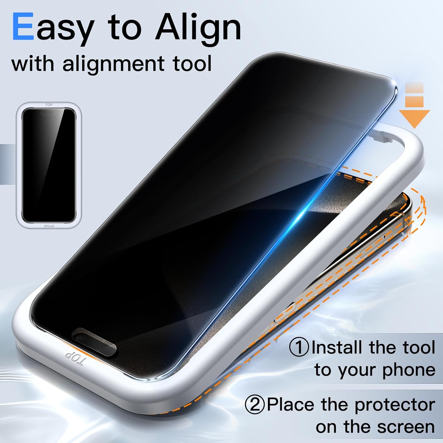 JasTech 360 Degree Privacy Screen Protector for iPhone 15 6.1-Inch, 4-Way Anti-Spy Tempered Glass Film with Easy Installation Tool, 2-Pack