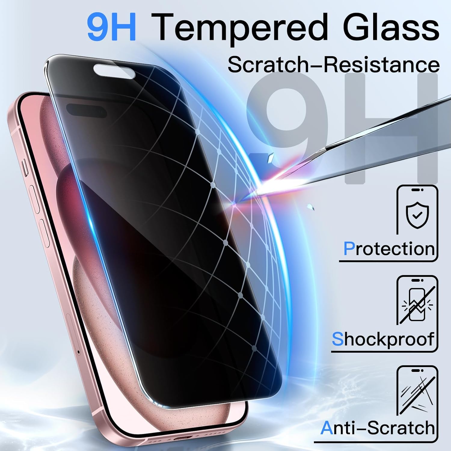 JasTech 360 Degree Privacy Screen Protector for iPhone 15 6.1-Inch, 4-Way Anti-Spy Tempered Glass Film with Easy Installation Tool, 2-Pack