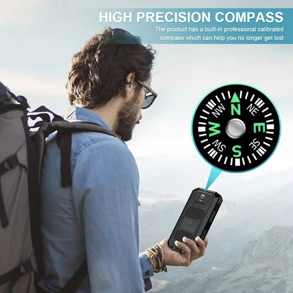 High-Capacity 20000mAh Solar Power Bank Waterproof with Compass 10W Output Power for Mobile Phones