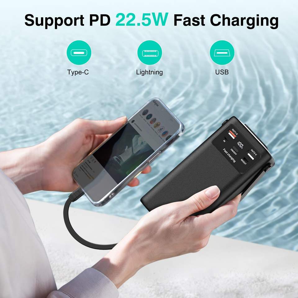 50000mAh Portable Charger 22.5W PD Fast Charging Power Bank LED Display Retractable Auto-Lighting External Battery Power Bank