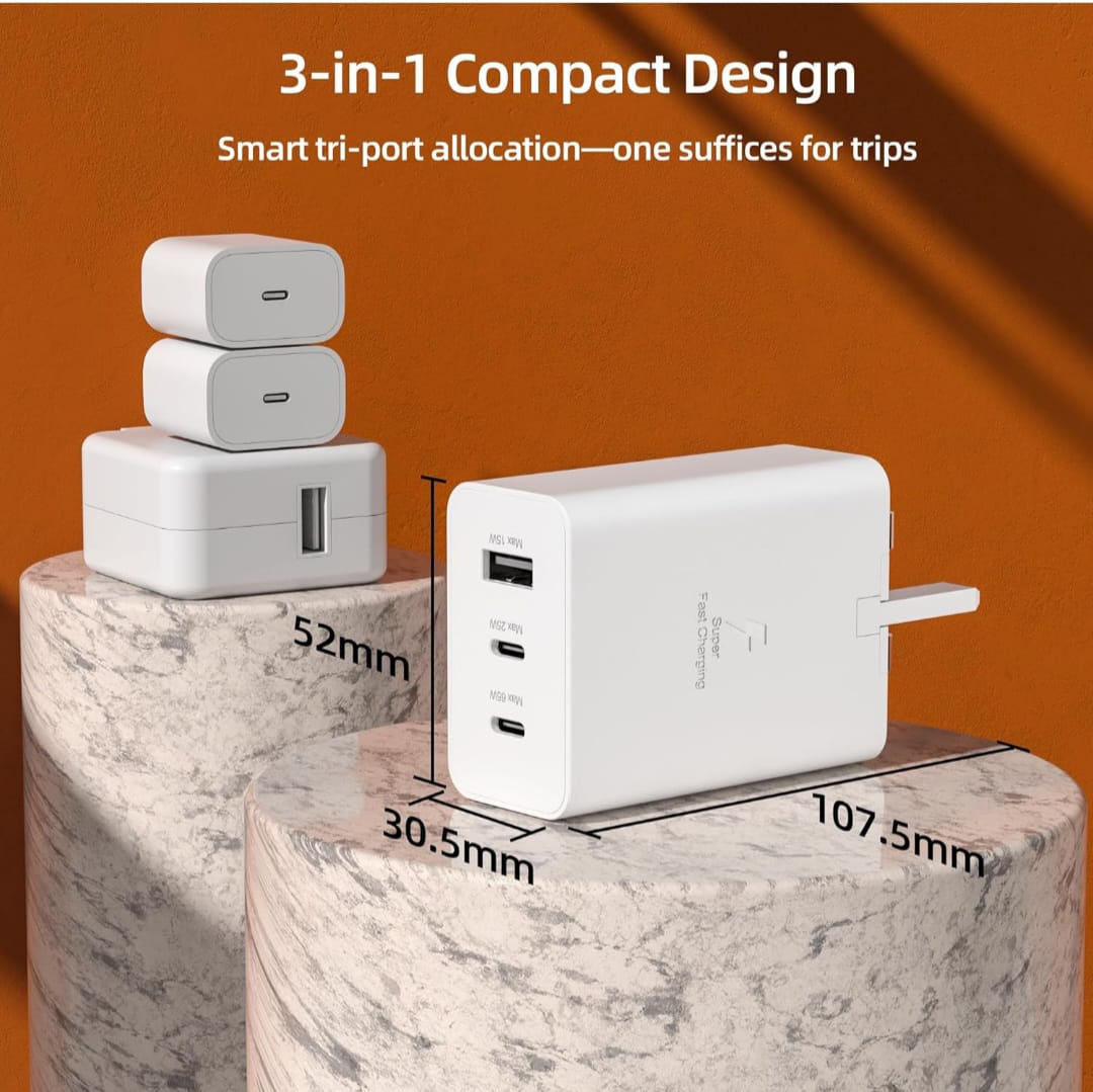USB C Plug UK Charger 3-Port Fast Compact USB C Charger for MacBook Pro/Air, iPad Pro, Galaxy S20/S10, Dell XPS 13, Note 20/10+, iPhone 16/15, Pixel, Steam Deck, and More