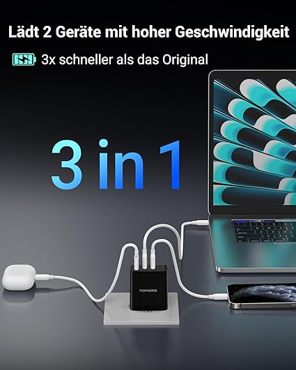 65W USB C Charger Block, 3 Ports GaN Wall Charger Foldable Compact Type C Fast Charging for MacBook iPad Pro/Air, iPhone 15/16 Pro/Pro Max, for Samsung Galaxy S24/S23, Black