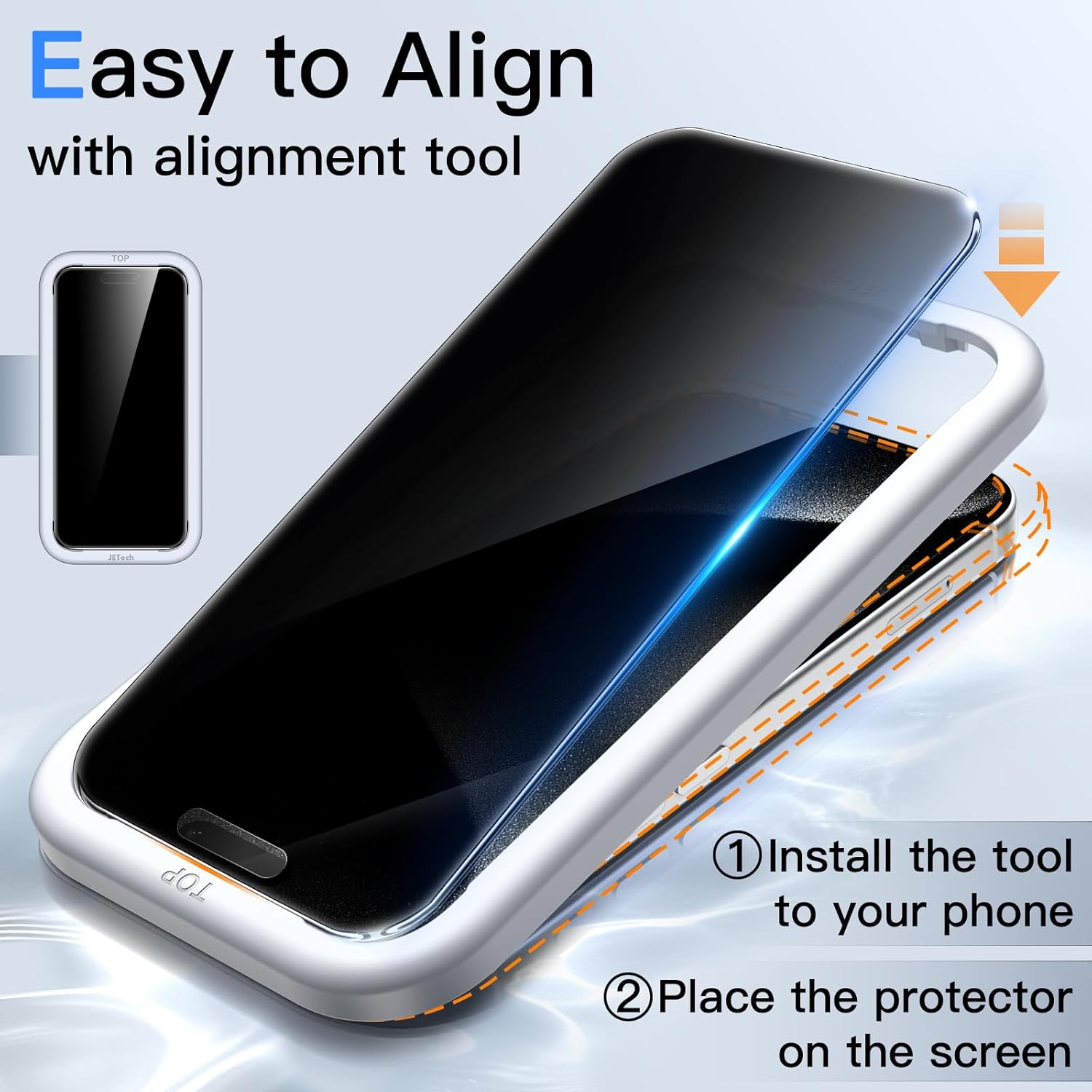 JasTech 360 Degree Privacy Screen Protector for iPhone 15 6.1-Inch, 4-Way Anti-Spy Tempered Glass Film with Easy Installation Tool, 2-Pack