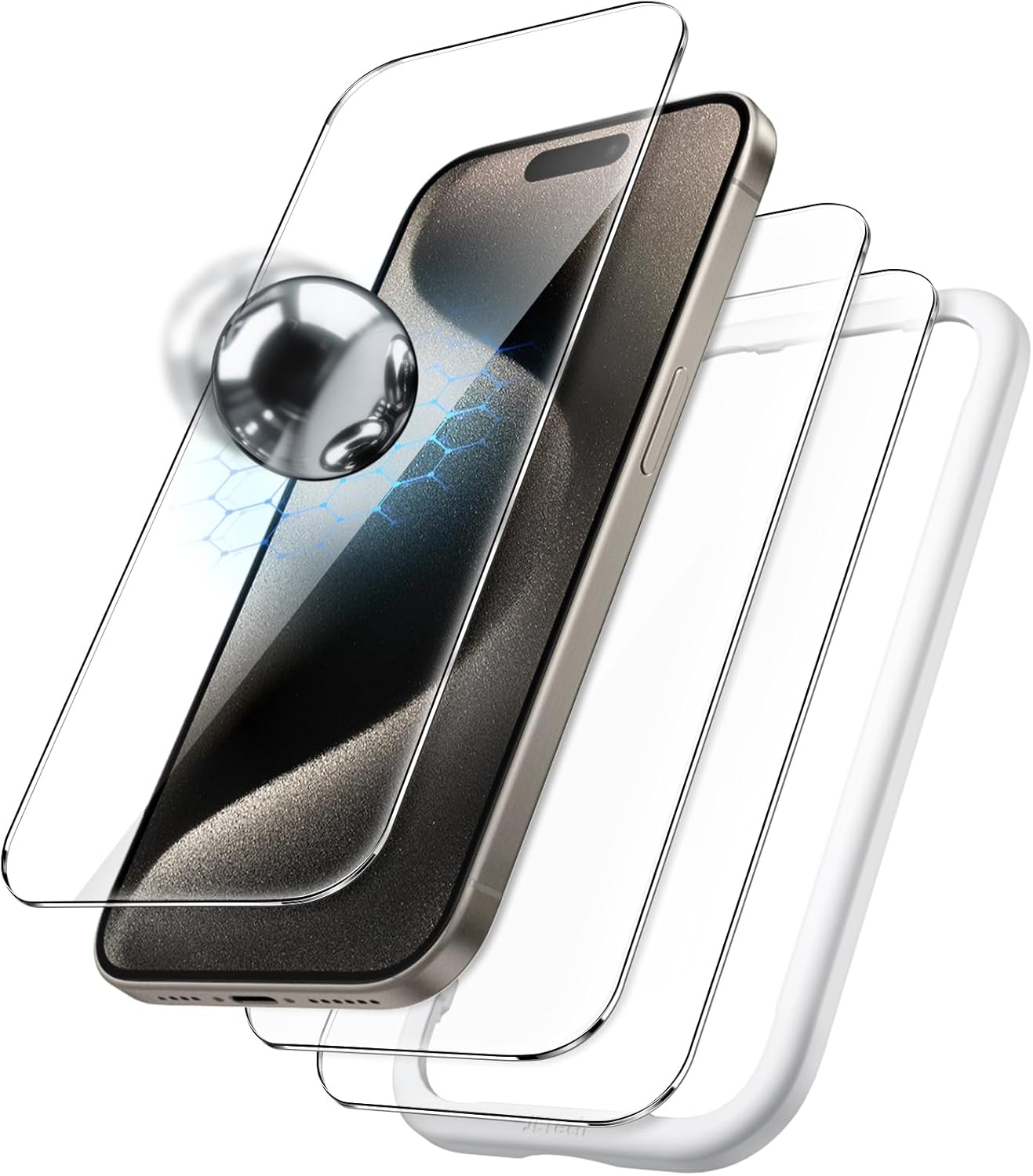 JasTech Shatterproof Screen Protector for iPhone 15 6.1-Inch, 9H+ Tempered Glass Military Grade Film with Easy Installation Tool, Case-Friendly, HD Clear, 3-Pack