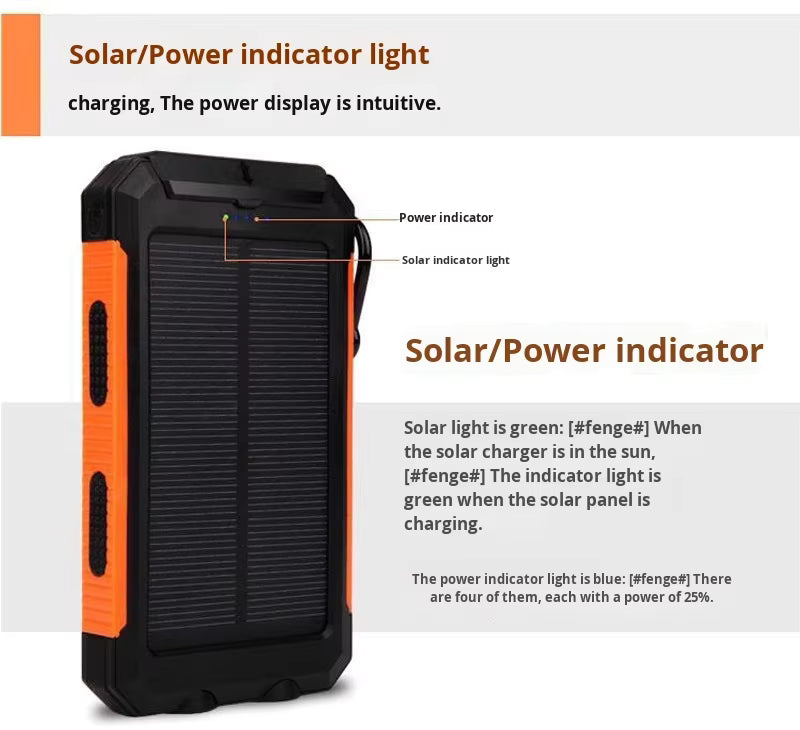 High-Capacity 20000mAh Solar Power Bank Waterproof with Compass 10W Output Power for Mobile Phones