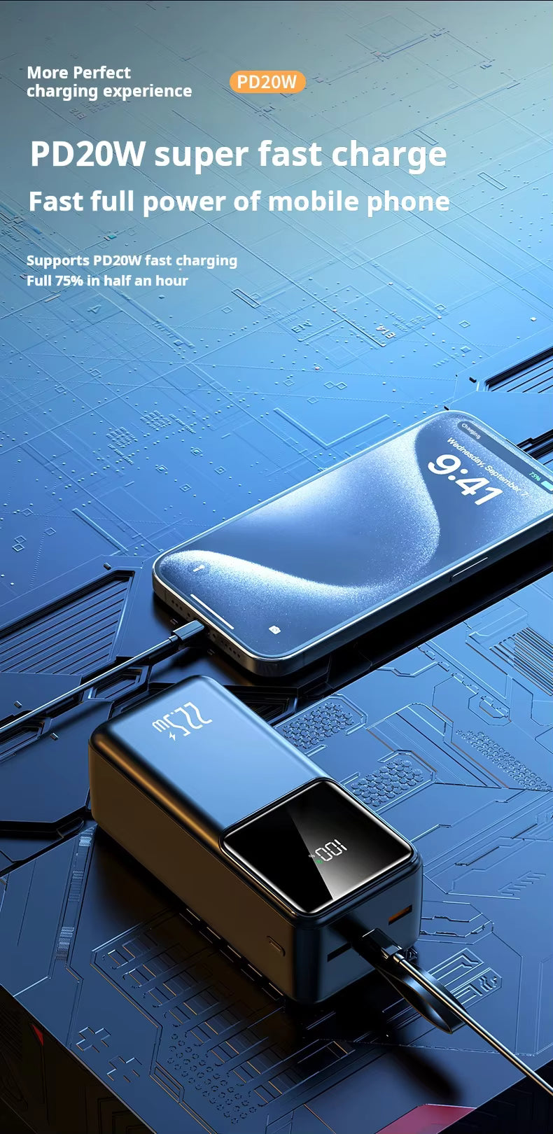 PD20W High Power Bank 100000mAh Super Fast 22.5W USB C Charge Portable Type-C Micro USB