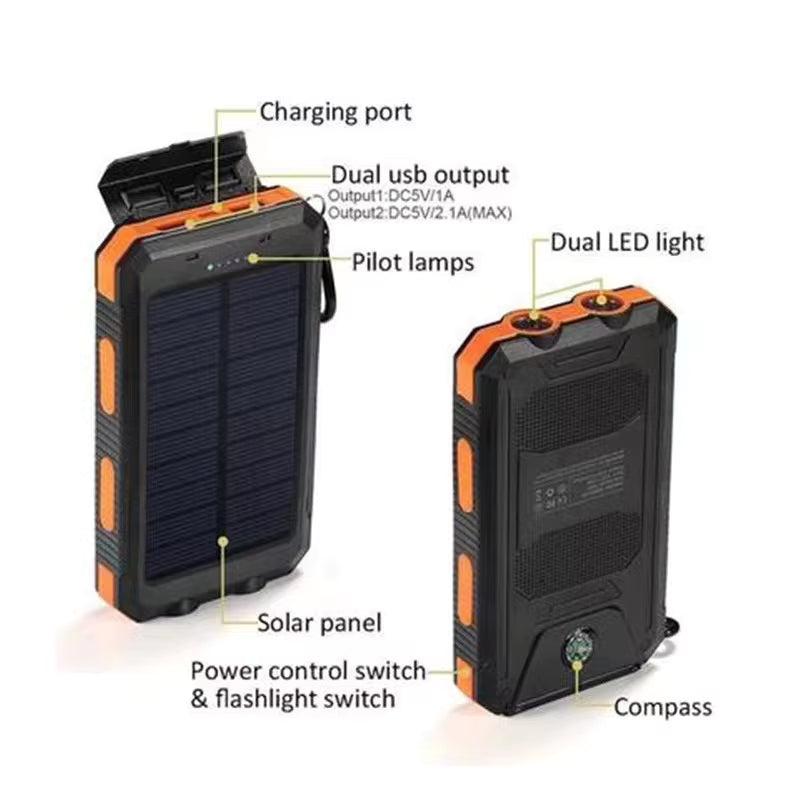 High-Capacity 20000mAh Solar Power Bank Waterproof with Compass 10W Output Power for Mobile Phones