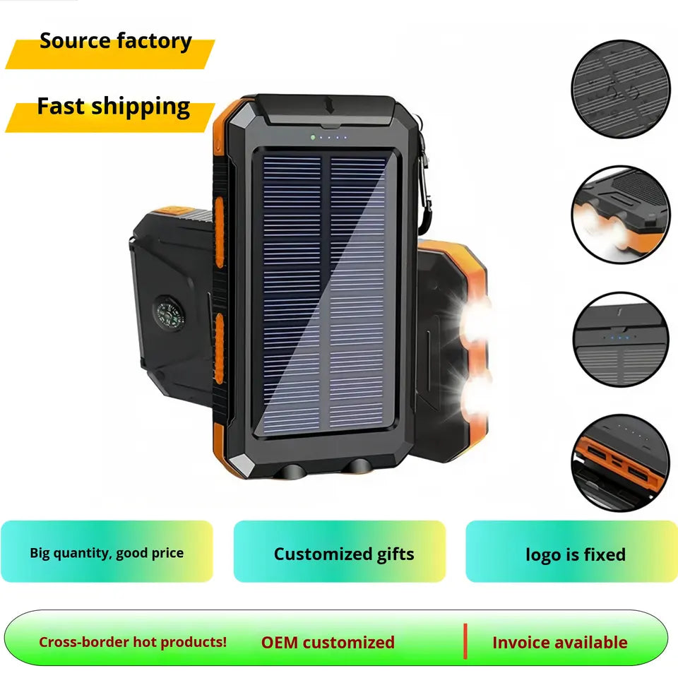 High-Capacity 20000mAh Solar Power Bank Waterproof with Compass 10W Output Power for Mobile Phones