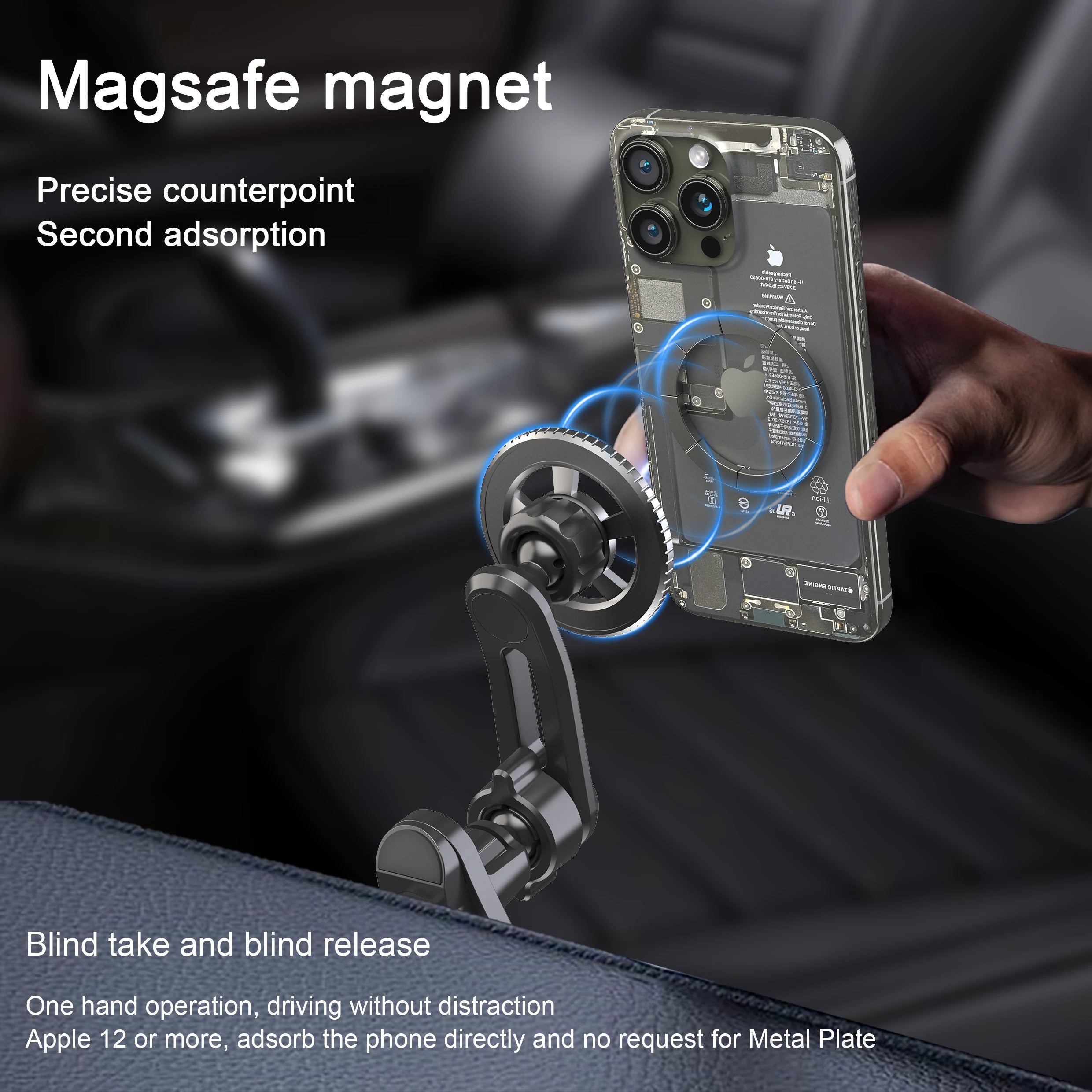 JT-986 Magnetic Magsafe Compatible Flexible Tilt and Flat Floor Car Phone Holder Black